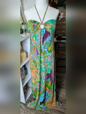Alyn Paige New York halter maxi dress — vibrant multicolor floral in saturated